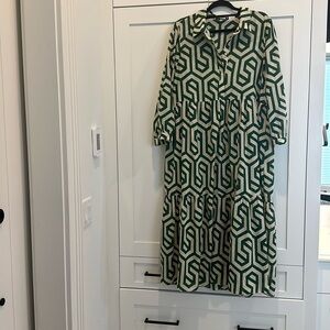 Green and beige patterned dress from Zara.